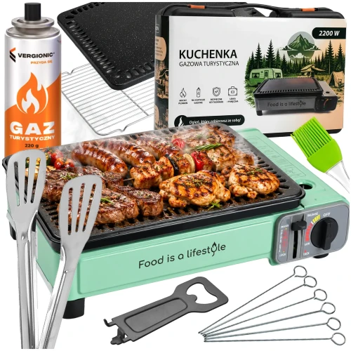 Kuchenka turystyczna foodisthelifestyle z płyta grillowa i rusztem zestaw duży.webp