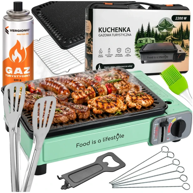 Kuchenka turystyczna foodisthelifestyle z płyta grillowa i rusztem zestaw duży.webp